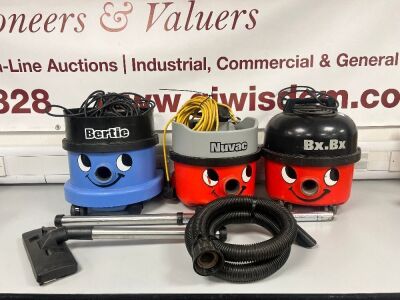3 x Vacuum Cleaners to Include: Numatic Bertie Model NNV 200-1, Numatic BX, Model BX190 & Numatic Nuvac Model 180-11. NOTE: Come with hoses & attachments as viewed/pictured.