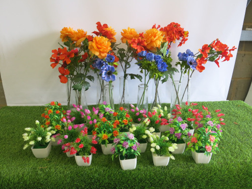Quantity of Restaurant Table Top Artificial Plants & Flowers to Include: 22 x Small & 9 x Glass Vase3s with an Assortment of artificial Plants/Flowers.