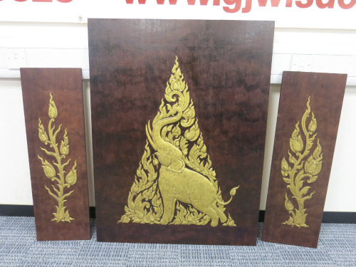 3 x Wood Board with Gold Painted Plaster Detail & Central Elephant. Sizes 1 x H100 x W76 & 2 x H80 x W25cm.