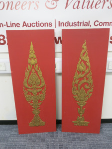 2 x Wood Board Painted Red with Gold Plaster Detail Size H121 x W46cm.