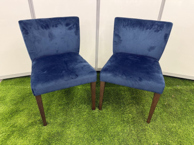 2 x Navy Blue Velvet Dining Chairs with Dark Brown Wooden Legs. Size H80 x W50cm.