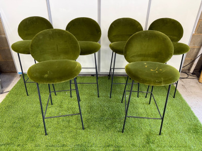 6 x Saba Ola Italian Made Green Velvet Upholstered Bar Stool on Black Metal Base. Size H76cm. NOTE: 2 x appear bleach stained (As viewed/Pictured).