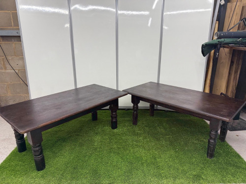 2 x Dark Brown Stained Low Wooden Coffee Tables with Stained Wooden Legs. Size H52 x W132 x D70cm.