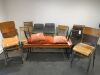 Large Lot of Furniture Consisting of: 8 x Green Velour Rub Chairs, 11 x Assorted Style Stalls, 21 x Assorted Chairs, 2 x Orange Fabric Benches with 4 Cushions, 2 Vintage Trunks, 2 x Bed Side Tables, Black 2 Drawer Unit & Coffee Table.
