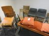 Large Lot of Furniture Consisting of: 8 x Green Velour Rub Chairs, 11 x Assorted Style Stalls, 21 x Assorted Chairs, 2 x Orange Fabric Benches with 4 Cushions, 2 Vintage Trunks, 2 x Bed Side Tables, Black 2 Drawer Unit & Coffee Table. - 3