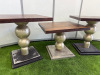 13 x Brown Wood Top Tables with Round Ball Style Plinth on Square Metal Bases. Size H70 x W70 x D60cm. - 2