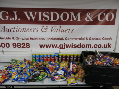 Approx 100 x Family Bags of Assorted Flavour & Branded Crisps to Include: Walkers, Lays, Monster Munch, Wotsits, Doritos etc. (As Viewed). NOTE: CRATE NOT INCLUDED.