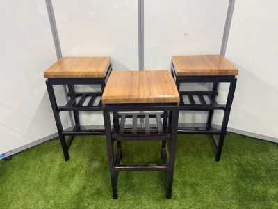 25 x SG Partneri Wooden High Stool with Light Wood Top on Black Painted Base. Size H80 x W40 x D40cm.