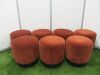 Set of 7 Modern Low Bar Stools Upholstered in Terracotta Velvet Fabric on Wooden Circular Base. Size H40 x Dia 40cm.