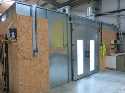 Hi-Tec Dryback Self Contained Galvanised Spray Booth with Extraction, Size H3.2m x 7.1m x 4.1m with Double Doors and LED Lighting. Installed in January 2024. NOTE: to be dismantled and removed by the buyer, extraction hole is to be made good by the buyer.