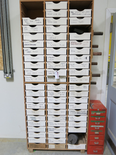 66 x Drawer Custom Made Accessory Parts Drawer Unit with Contents. Size 8' x 3'6". NOTE: missing 6 x draws (As Viewed).