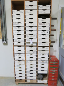 66 x Drawer Custom Made Accessory Parts Drawer Unit with Contents. Size 8' x 3'6". NOTE: missing 6 x draws (As Viewed).
