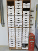 66 x Drawer Custom Made Accessory Parts Drawer Unit with Contents. Size 8' x 3'6". NOTE: missing 6 x draws (As Viewed).