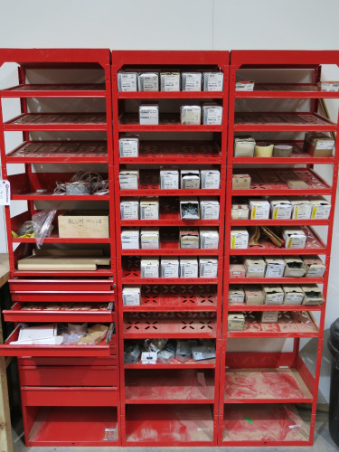 3 x Red Multi Shelf Storage Accessory Parts Racks, 1 with 10 Drawers, with at Least 50 x Boxes of Assorted Screws and Other Contents (As Viewed).