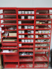 3 x Red Multi Shelf Storage Accessory Parts Racks, 1 with 10 Drawers, with at Least 50 x Boxes of Assorted Screws and Other Contents (As Viewed).