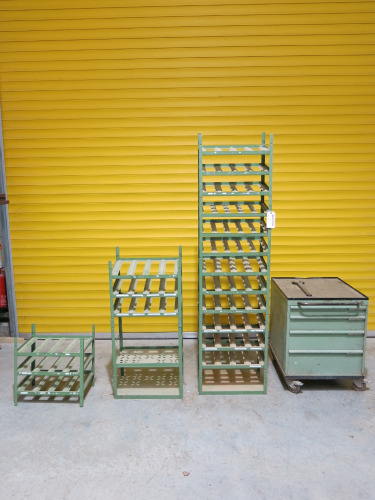 10 x Sections of Green Demountable Parts/Tools Accessory Racks & 4 x Drawer Mobile Unit (Locked Contents Unknown).