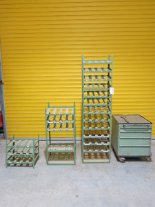 10 x Sections of Green Demountable Parts/Tools Accessory Racks & 4 x Drawer Mobile Unit (Locked Contents Unknown).