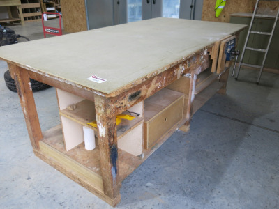 8' x 4' Timber Workbench with Fitted Record Wood Vice & Shelves Under.