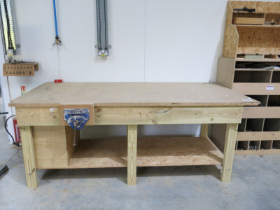 8' x 4' Timber Workbench with Fitted Record Wood Vice & Shelves Under.