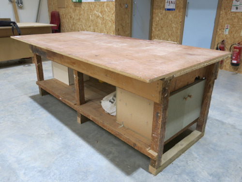 8' x 4' Timber Workbench with Fitted Record Wood Vice & Shelves Under.