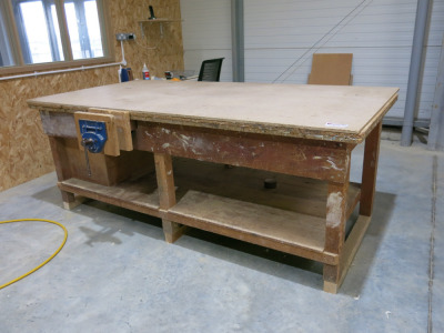8' x 4' Timber Workbench with Fitted Record Wood Vice & Shelves Under.