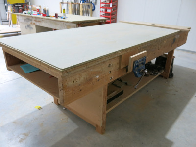 10' x 4' Timber Workbench with Fitted Record Wood Vice & Shelves Under.