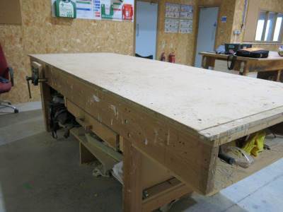 10' x 4' Timber Workbench with Fitted Record Wood Vice & Shelves Under.