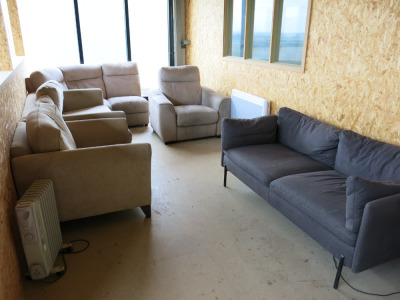 Assorted Office Furniture & Canteen Equipment to Include: 2 x Desks (1 x Reproduction with Leather Inlay), 6 x Assorted Odd Chairs, 1 x Corner Sofa with 2 Armchairs, 1 x 3 Seater Sofa in Grey Fabric, Indesit A+ Class Fridge, 2 x Microwave Ovens, Cygnet St