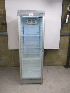 Tefcold Single Glass Door Illuminated Upright Display Fridge, Model GBC375. Size H185 x W60 x D60cm.
