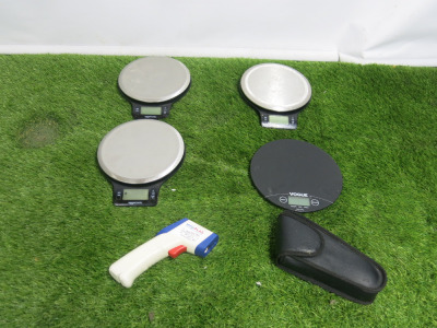 Lot of Catering Accessories to Include: 1 x Infrared Thermometers & 4 x Assorted Scales.