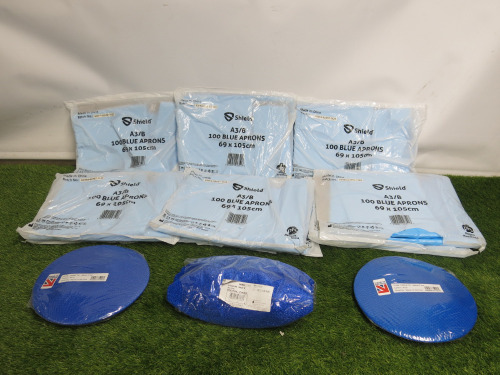 Quantity of Aprons & Hair Nets to Include: 8 x Packs of 100 Blue Aprons & 5 x Packs of 48 Blue Hair Nets.