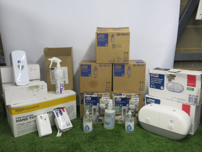 Quantity of Tork, Zenith & Diversey Cleaning Products to Include: 5 x Boxes of 6 Bottles of 1Lt Tork Foam Soap , 2 x Boxes of Tork Smart Iine Twin Mini Toilet Roll Dispenser, 2 x Tork Air Freshener Spray Dispenser, 2 x Packs of Tork Xpressnap Dispenser Na