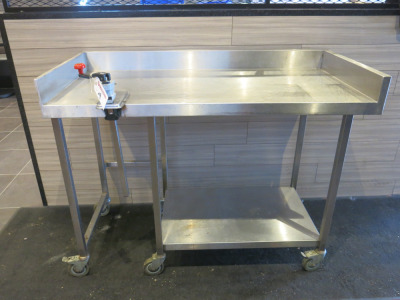 Stainless Steel Prep Table on Castors with Shelf Under, Part Splash Back & Bonzer Can Opener. Size H90 x W 135 x D65cm.