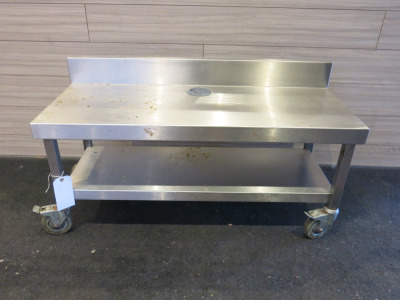 Stainless Steel Low Prep Table on Castors with Part Splash Back & Shelf Under. Size H45 x W100 x D40cm.