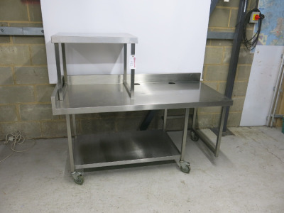 Stainless Steel Prep Table on Castors with Part Splash Back & Shelf Over & Under. Size H130(top shelf) x W160 x D75cm.
