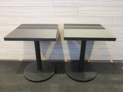 17 x Assorted Black Wooden Top Restaurant Tables with Single Pedestal Base to Include: 15 x Square , Size H75 x W60 x D60cm & 2 x Round H75 x Dia90cm.