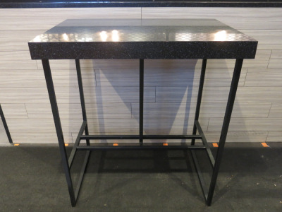 3 x Assorted Sized Commercial High Top Tables with Marble Effect Top on Metal Frame. Size 1 x H110 x W230 x D65cm & 2 x H110 x W100 x D65cm.