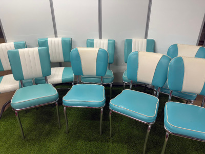 11 x Turquoise & White Leather Diner Retro Dining Chairs on Chrome Base.
