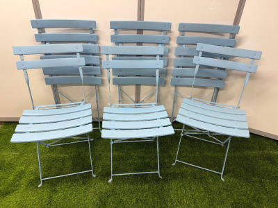 Lot Consisting of 6 x Folding Baby Blue Metal Chairs & 3 x Folding Baby Blue Round Metal Tables, Diameter 60cm.