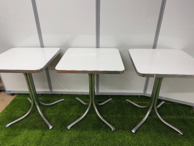 3 x White Wood, Chrome Rim & Base Tables. Size 60x60cm.