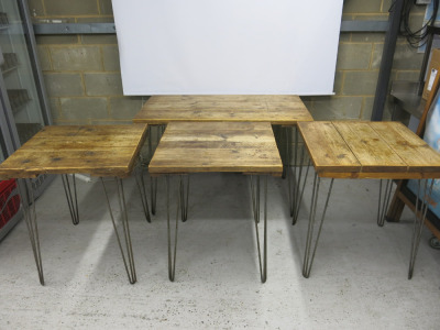 4 x Assorted Sized Bespoke Made Caf&eacute;/Restaurant Scaffold Board Wooden Top Tables with Wire Metal Legs to Include: 1 x H77 x W120 x D65cm & 3 x H77 x W65 x D65cm.