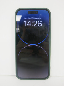 Apple iPhone 14 Pro, Model MQ103ZD/A, 256GB Storage, in White, with Green Case.