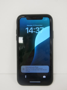 Apple iPhone 11 , Model MHDA3B/A, 64GB Storage, in Charcoal Grey, with Black Case.