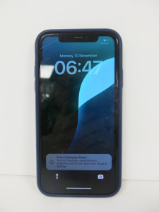 Apple iPhone 11 , Model MHDA3B/A, 64GB Storage, in Charcoal Grey, with Blue Case.