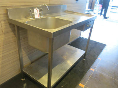 Stainless Steel Single Bowl Sink with Lever Taps, Drawer & Shelf Under. Size H90 x W120 x D65cm.