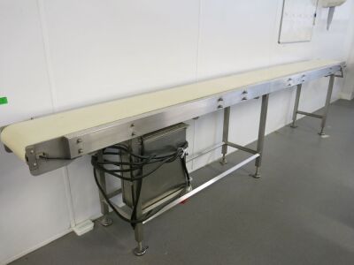 Ralspeed Motorised Stainless Steel Conveyor Belt, 3 Phase. Size H90cm x W400cm x D45cm.