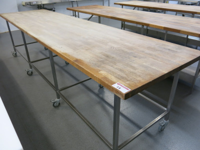 Mobile Stainless Steel Frame & Wood Worktop Workstation. Size H89 x W346 x D91cm.