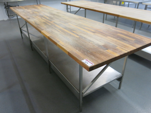 Stainless Steel Frame & Wood Worktop Workstation with Shelf Under. Size H85 x W346 x D91cm.