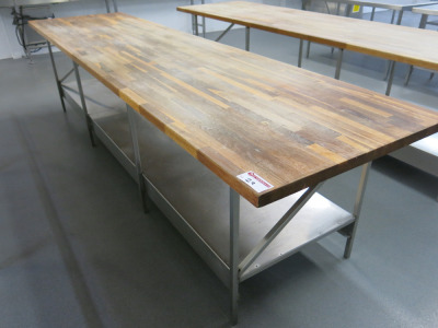 Stainless Steel Frame & Wood Worktop Workstation with Shelf Under. Size H85 x W346 x D91cm.