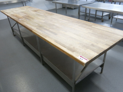 Stainless Steel Frame & Wood Worktop Workstation with Shelf Under. Size H85 x W346 x D91cm.